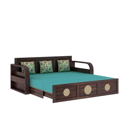 Image of Ganpati Arts Solid Sheesham Wood Cosmos 3 Seater Sofa Cum Bed with Headboard Design for Living Room Wooden Furniture Sofa Bed for Home - Walnut Finish 3 Year Warranty
