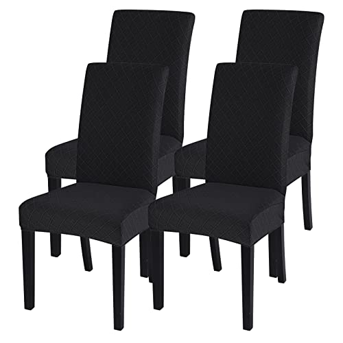 Image of SearchI Dining Room Chair Covers Set of 4, Stretch Jacquard Parsons Chair Slipcovers Removable Washable Kitchen Chair Protector Cover for Dining Room, Hotel, Ceremony (Black Rhombus)