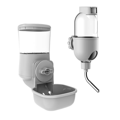 Automatic Pet Food Water Dispenser Auto Gravity Pet Feeder Water Bottle Set for Crate Cage for Puppy Cat Rabbit Guinea Pigs Chinchilla Ferret Hedgehog (Grey)