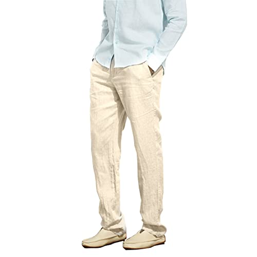 Manwan Walk Men’s Casual Beach Trousers Elastic Loose Fit Lightweight Linen Summer Pants K70 (Large, Beige) #TOP1