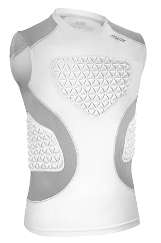 PORTEC Youth Padded Compression Shirt - Baseball & Football Chest Protector for Kids - Shock Absorbing Heart Sternum Guard Base Layer for Softball, Rugby & Lacrosse (White Grey L)