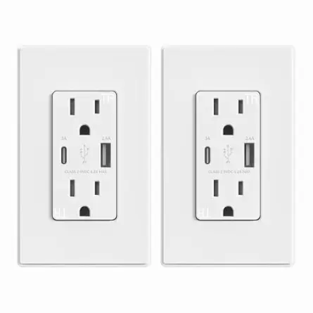 ELEGRP USB Charger Wall Outlet, Type A & C USB Ports, 15 Amp Duplex Tamper Resistant Receptacle Plug NEMA 5-15R, Wall Plate Included, UL Listed (2 Pack, Matte White)