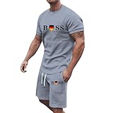 Men's Tracksuit 2 Piece Crew Neck Shirt & Short Activewear Sweatsuits Mens Workout Clothes Gym Sets Sportswear for Gym Running Exercise Fitness(Grey,L)