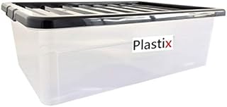 Set of 3 Clear Plastic Storage Box Boxes With Black Lids Home Office Stackable UK Made - 32L 32 LITRE UNDERBED