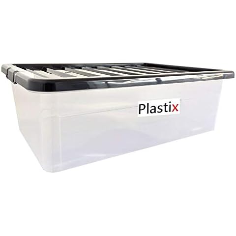 Set of 3 Clear Plastic Storage Box Boxes With Black Lids Home Office Stackable UK Made - 32L 32 LITRE UNDERBED Cover