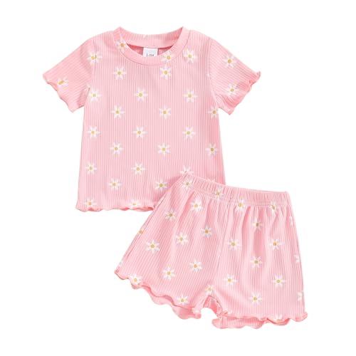 Image of Ayalinggo Baby Girl Summer Outfits Short Sleeve Lettuce Trim Floral Tops + Shorts Set Infant Clothes