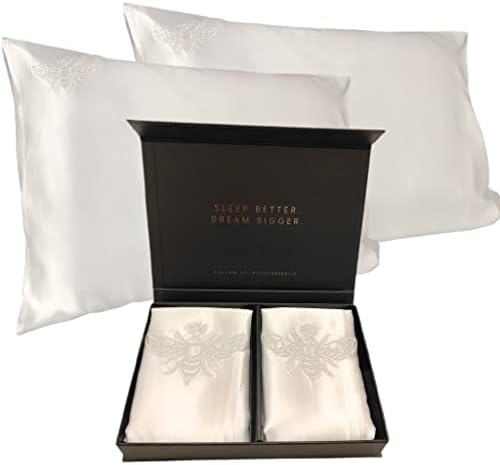 QUEEN BEE SILK - 2 Pack Silk Pillowcase for Hair and Skin - 22 Momme Mulberry Silk - Charmeuse Weave - Envelope Closure - Standard Size - White