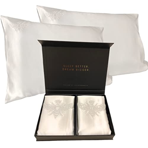 Queen Bee Silk - 2 Pack Silk Pillowcase For Hair And Skin - 22 Momme Mulberry Silk - Charmeuse Weave - Envelope Closure - Standard Size - White #TOP2