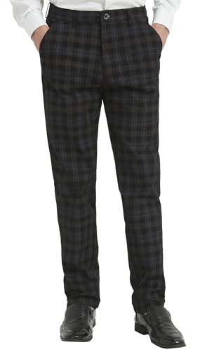 Image of Yukirtiq Men's Check Trouser Plaid Dress Pants Flat-Front Chino Smart Slim Fit Retro Golf Tartan Trousers, Black, W34