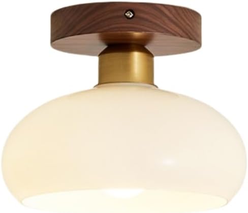 Small White Glass Semi Flush Mount Ceiling Light Schoolhouse Vintage Ceiling Lamp Modern Wood Light Fixtures Ceiling with Milk Glass Shade, Gold Accent