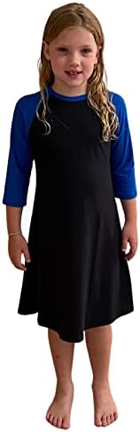 Modefywear Girls~' Swim Dress with UPF 50+ Sun Protection, 3/4 Sleeve Swimdress for Girls, Performance Active Dress, Girls~' Bathing Suit Dress, Modest Swimwear for Girls, Black & Blue
