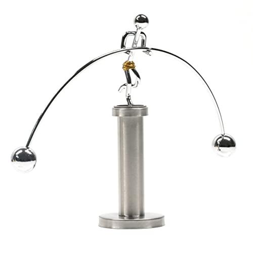 A tiny steel weightlifter that balances impossibly on one finger — a kinetic sculpture that looks like a physics glitch.