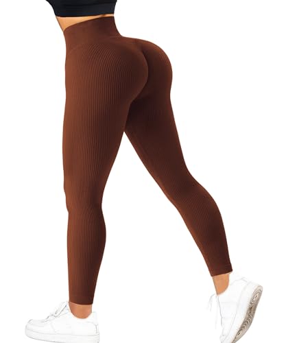 Image of StaySlim Ribbed Leggings for Women High Waisted Gym Leggings Anti Cellulite Workout Pants with Tummy Control Compression Yoga Tights Brown