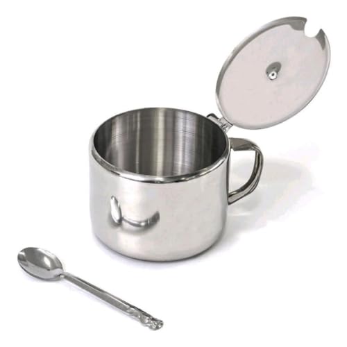 Açucareiro em Inox Inoxidável Com Colher E Alça Prata Pequeno De Mesa Com Tampa 200 Ml Para Café, Su