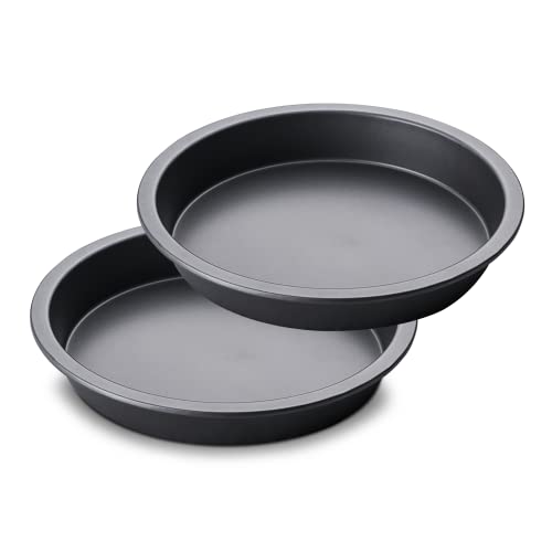 HONGBAKE Round Shallow Cake Baking Pan Set of 2, 8 Inch, Round Layer Cake Pans with Wider Grips, Nonstick Circle Cheesecake Tin, Pizza Mold, Huty Duty, Dishwasher Safe - Grey