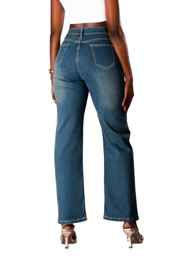 High Waisted Wide Leg Jeans, Classic Dark Blue Denim, Straight Cut2