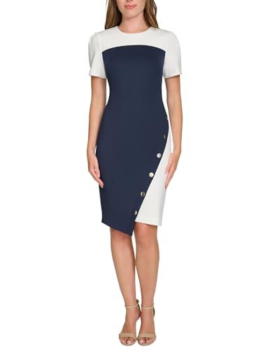 Image of Tommy Hilfiger Women's Short Sleeve Jewel Neck Colorblock Studded Asymmetrical Hem Crepe Mini Dress