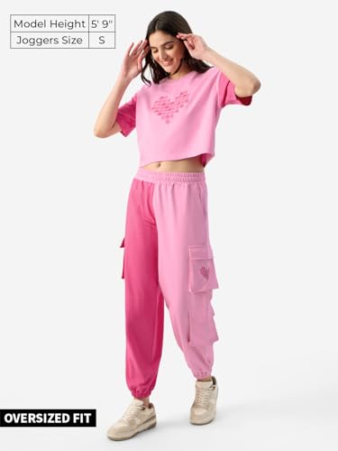 Image of The Souled Store in A Heart Beat Women and Girls Pink Graphic Printed Regular Fit Joggers