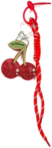 Taşlı Kiraz Figürlü Anahtarlık, Kırmızı Örgü Kordon, Çanta Aksesuarı, Rhinestone Detaylı - Görsel 1