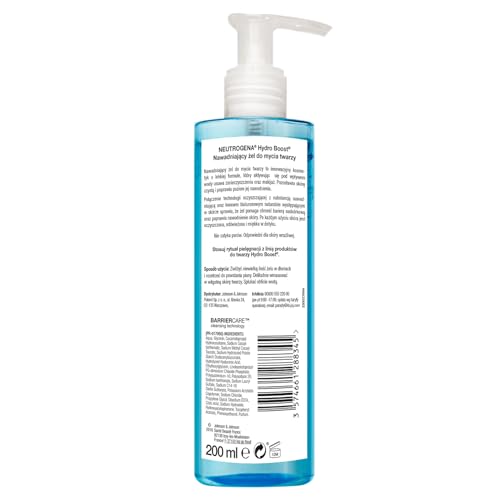 NEUTROGENA® Hydro Boost® Nawadniający żel do mycia twarzy 200ml, na bazie kwasu hialuronowego. Pozostawia skórę oczyszczoną, odświeżoną i miękką w dotyku.