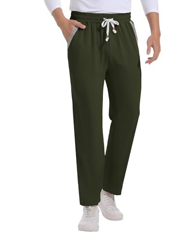 TURAND Mens Casual Pants Drawstring Lightweight Lounge Pants Relaxed Fit Stretch Elastic Waist Trousers Deep Green Large