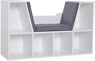 HOMCOM Bookcase Storage Shelf with Cushioned Reading Seat, Cube Bookshelf Organizer for Bedroom Living Room, White