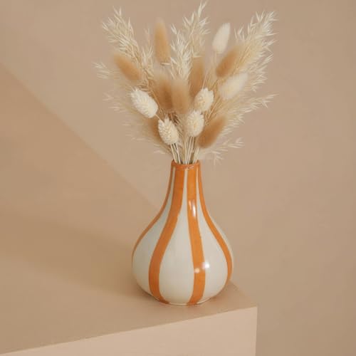 Image of PUREZENTO Yellow & White Striped 'Tulip Bud' Ceramic Vase 6 Inch (Pack of 1) | Unique Modern Bud Vase for Dried Flowers & Pampas Grass | Vases for Modern Home Decor, Living Room & Office Decor Ideas