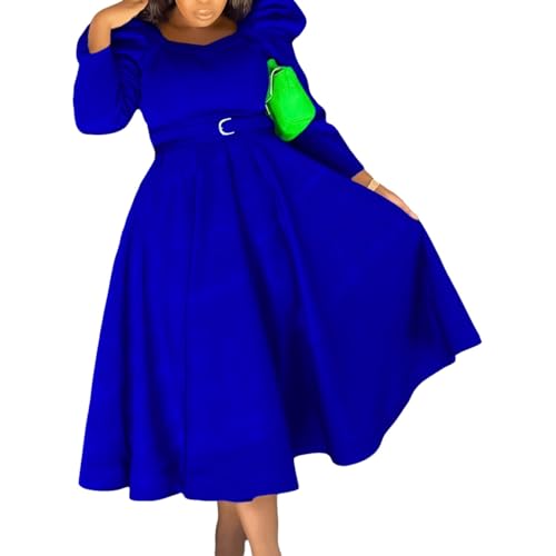 Women's Elegant Puff Sleeve Belted Dress Plus Size Square Neck Long Sleeve High Waist Dress Commuting Office Business (Color : Blue, Size : Medium)