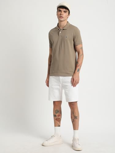 Image of THE BEAR HOUSE Men Beige Solid Slim Fit Polo Collar T-Shirt