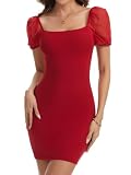 SHAPERIN Damen Bodycon Minikleid Puffärmel Kurz Kleid Eckiger Ausschnitt Elegant Sommerkleid Figurbetonte Kleider, Rot, M