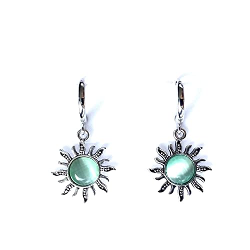Pendientes sol étnico chapados en platino con cristal en varios colores, Pendientes mujer aros y colgante sol étnico, Amuleto protector, Perfecto para regalo (Verde)