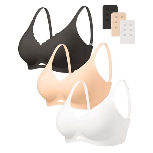 SHARICCA Wireless Bras for Women - Seamless Padded Bra No Underwire, Comfortable Soft Jelly T-Shirt Bralette for Older(S-2XL) Small Nude+white+black