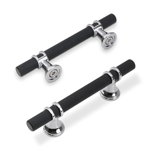 KOMOTIA Paquete de 10 tiradores de gabinete de 3 pulgadas moleteados negro mate y cromo pulido, manijas de gabinete de cocina de aluminio y aleación de zinc, tiradores sólidos para gabinetes