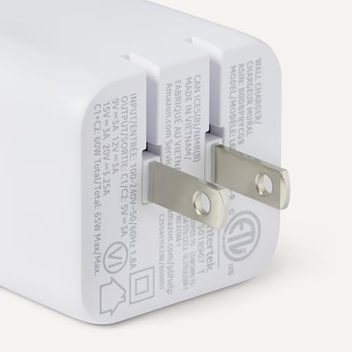 Amazon Basics 65W Fast Charging GaN USB-C Wall Charger, 2-Port for Laptops, Tablets, Phones, Compact Travel-Friendly Size, White