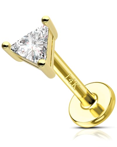 COCHARM 14K Real Gold Cartilage Piercing Jewellery, 16g Flat Back Solid Gold Helix Conch Earring Stud Cute Yellow Gold Labret Bar Triangle for Women Men 14Kt Gold Medusa Jewellery