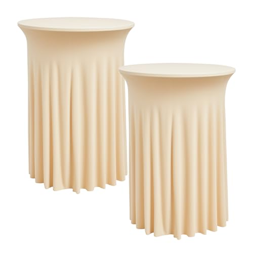 2 pk Champagne Cocktail Table Cloth Round 32×43in-High Top Highboy Bar Cocktail Tablecloths-Wrinkle Free Stretchy Fitted Spandex Table Covers with Ruffle Desk Skirt for Wedding Banquet Party Tables