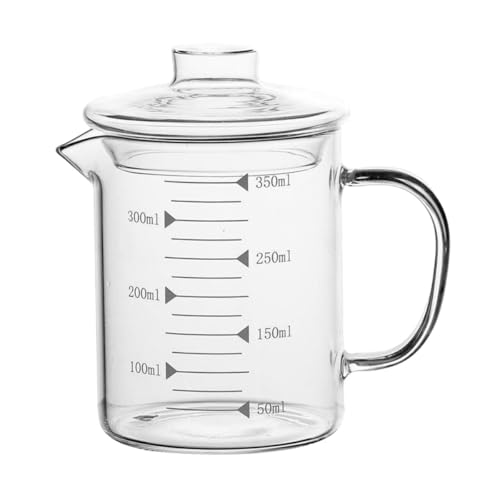 Baluue Tazza in Vetro Borosilicato 350 Ml con Bilancia e Coperchio, Misurino Trasparente per Latte e Caffè con Manico Ergonomico Antiscottatura, Bicchiere da Cucina per Misurazione