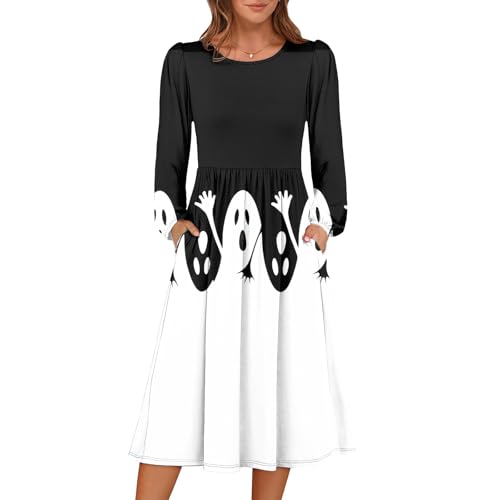 Long Sleeve Dress for Women Loose Flowy Vacation Dress Casual 2025 Fall Outfits Fashion Print Crewneck Midi Dresses