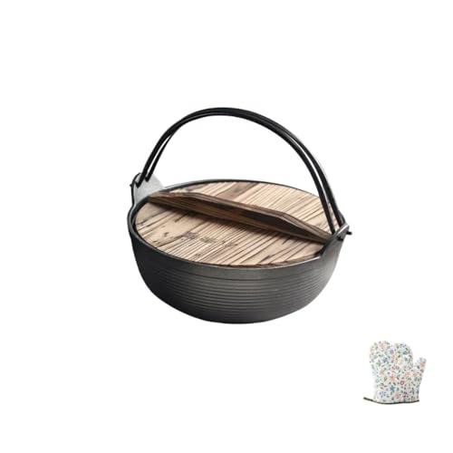 Tcrciuk すきやき鍋 焚き火 鍋 南部鉄器 木蓋・ガラス蓋付き こびりつきにくい鍋 家庭用鉄鍋 電磁調理器・直火加熱可能 様々なシーンで活躍します 20/25/27/29cm オプション 美しく実用的 (モミ材の蓋 + 手袋,20cm)