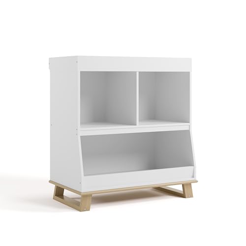 Image of Storkcraft Modern Nursery Changing Table Dresser (White with Driftwood) - GREENGUARD Gold Certified, Baby Dresser with Changing Table Top