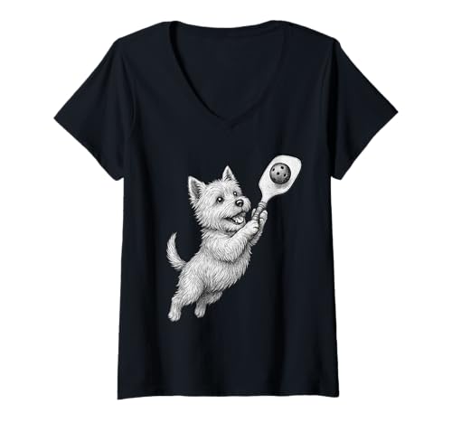 Donna West Highland White Terrier che gioca a pickleball cane sportivo Maglietta con Collo a V