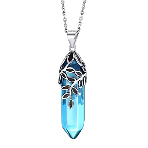 Bestyle Sterling Silver Olive Leaf Wrap Created Hexagonal Aquamarine Crystal Necklaces March Birthstone Blue Crystal Pendant Necklace For Spiritual Energy Healing,Inspirational Gift #TOP20