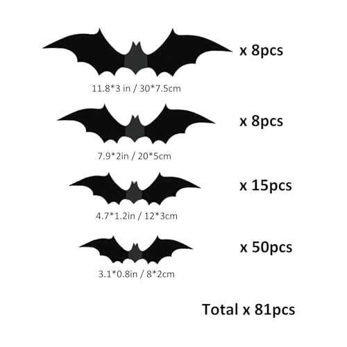 81 sztuk dekoracji na Halloween, nietoperz, dekoracja ścienna, 4 rozmiary, PCW, czarne naklejki 3D, nietoperz, naklejki na Halloween, imprezę, dekoracja "zrób to sam", dekoracja domu