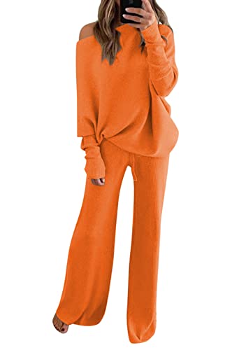 Women's One Shoulder Knitted Suits Two Piece Ribbed Pullovers Wide