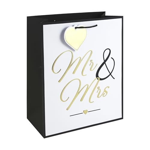 Eurowrap Mr & Mrs Large Gift Bag Black & White Wedding Present Bag with Embossed Foil Textured White Kraft Paper & Paper Woven Handles Premium Gift Packaging for Weddings & Anniversaries
