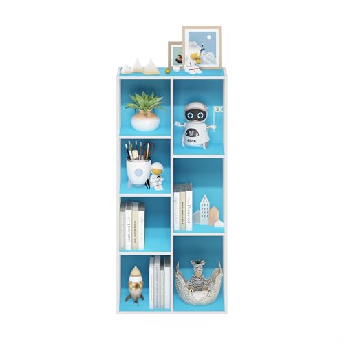 Image of Furinno LUDER Book Shelf, 7-Cube Bookshelf, Bookcase with Open Shelves, 9.4 x 19.5 x 41.7, Easy Assembly, for Living Room, Bedroom, Home Office, White /Light Blue