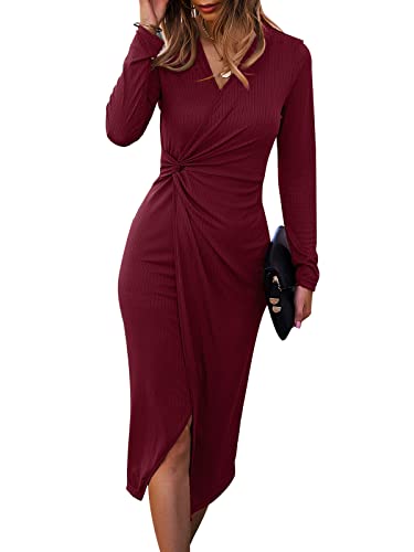 SHIBEVER Women Casual Dresses V Neck Long Sleeve Twist Front Waist Ribbed Knit Bodycon Dress Slit Midi Cocktail Party Fall Dress Wine Red M