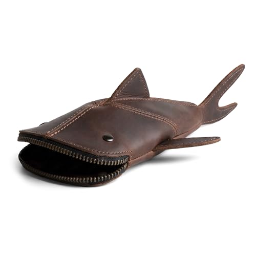 Image of Hide & Drink, Full Grain Leather Zipper Coin Pouch, Change Bag, Pencil Purse, Scissors Case, Shark Shaped Cable Holder, Wallet, Makeup, Stuffed Animal, Handmade, Bourbon Brown