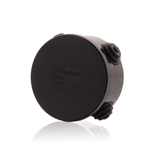 Intratec scatola di derivazione tonda IP44-80x40mm, ABS anti-UV, nero, 4 pressacavi (4-20mm), interno, esterno, ambienti umidi, ignifuga fino a 650°C