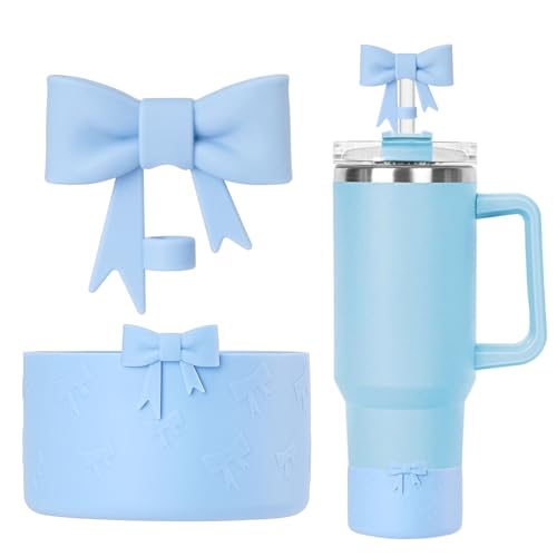 Lnulyaciy Bow Silicone Protective for Stanley Boot for 20/30/40Oz, Bow Straw Cover Topper for Stanley Cup 10mm/0.4in, 2 Pack Cup Accessories Compatible 12-24Oz for Hydroflask Boot and More (Blue Set)